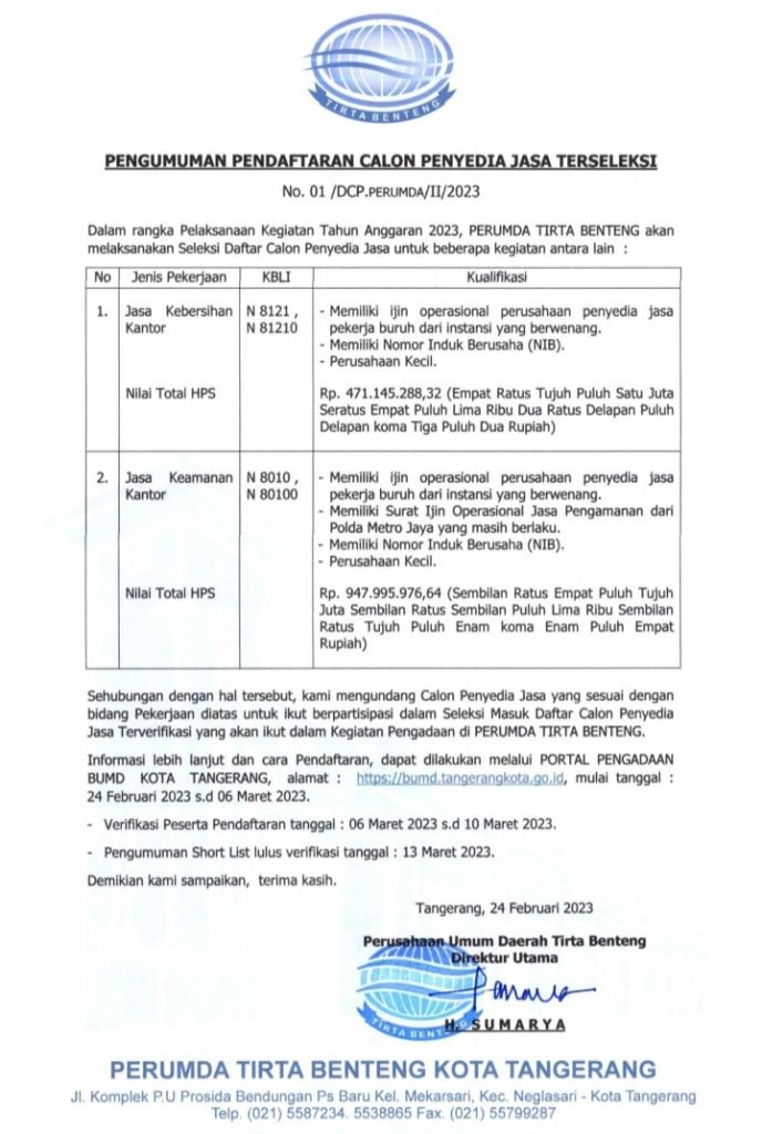 Perumda TB Kota Tangerang Gelar Seleksi Calon Penyedia Jasa
